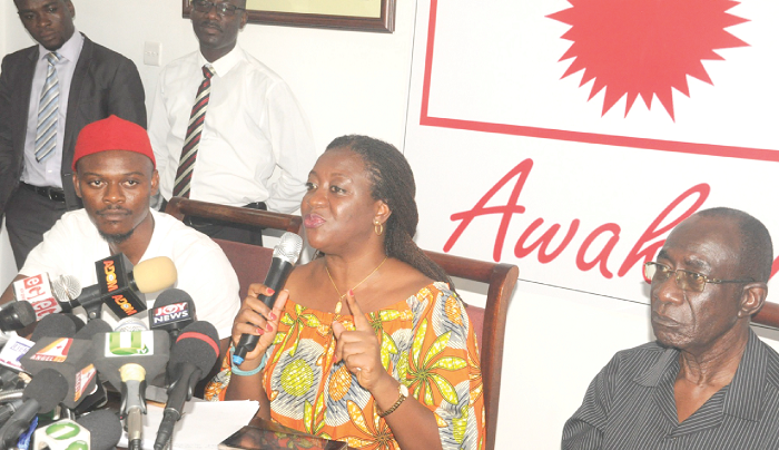   Ms Brigette Dzogbenuku (middle), PPP Vice Presidential aspirant addressing the media at a press conference in Accra.Those with her are Mr Mike Eghan (right), Chairman of the Advisory Council of the PPP and Mr Murtala Mohammed, the National Secretary of the PPP. Picture: GABRIEL AHIABOR